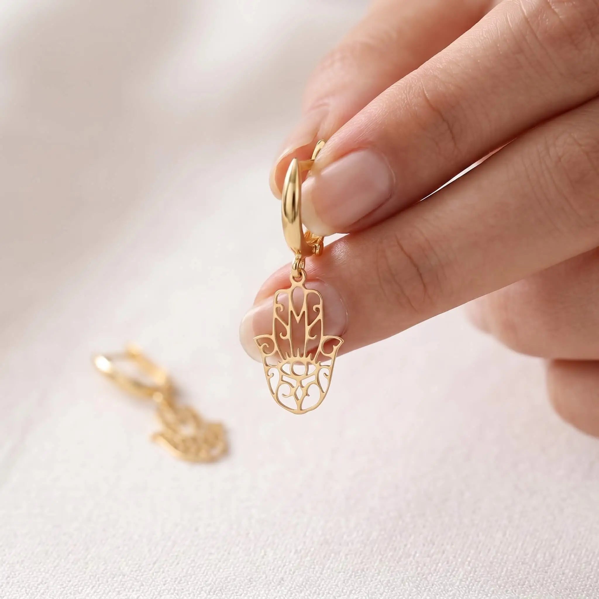 925 Ayar Gümüş Hamsa (Fatma Ana'nın Eli) Sallantılı Küpe LuvianaJewelry
