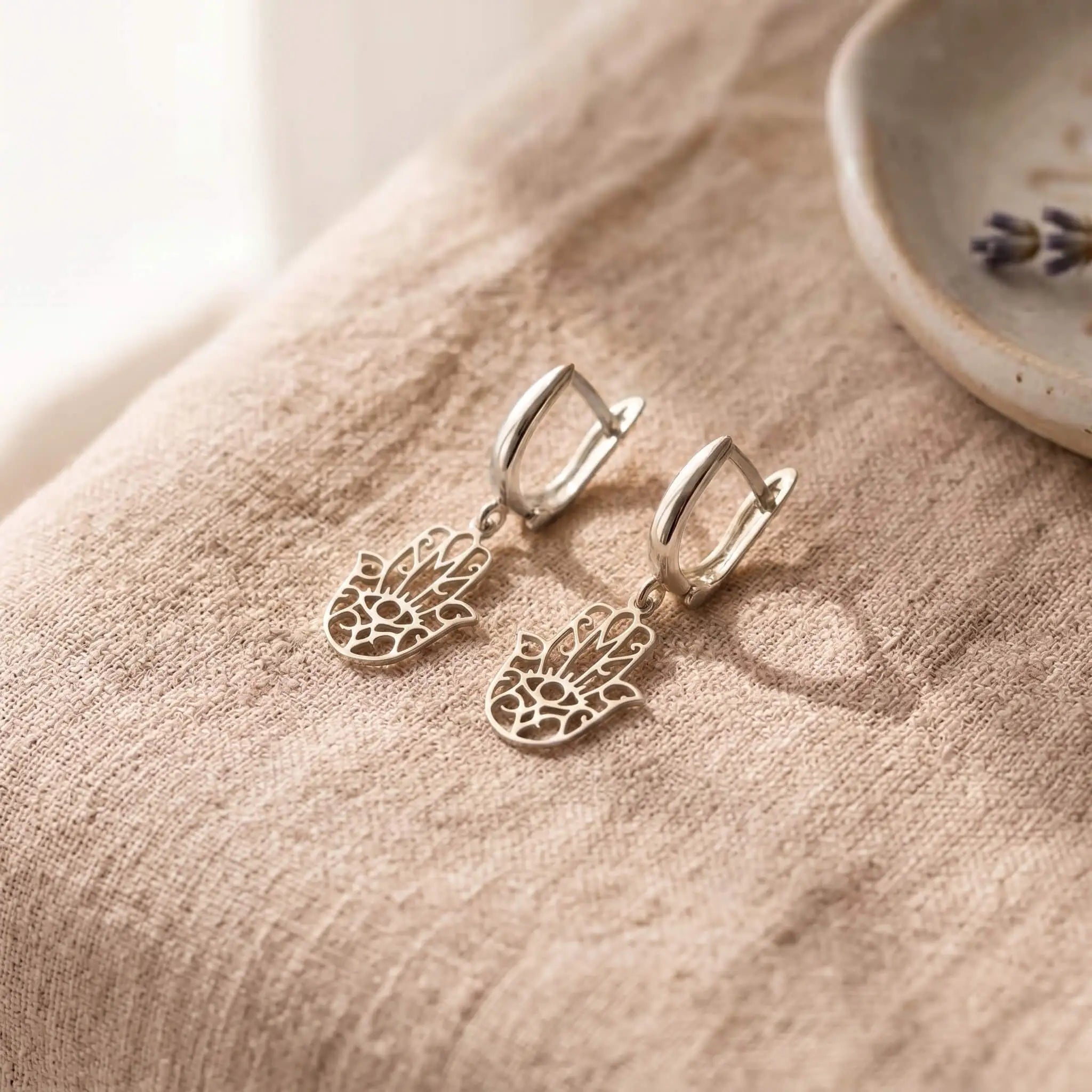 925 Ayar Gümüş Hamsa (Fatma Ana'nın Eli) Sallantılı Küpe LuvianaJewelry