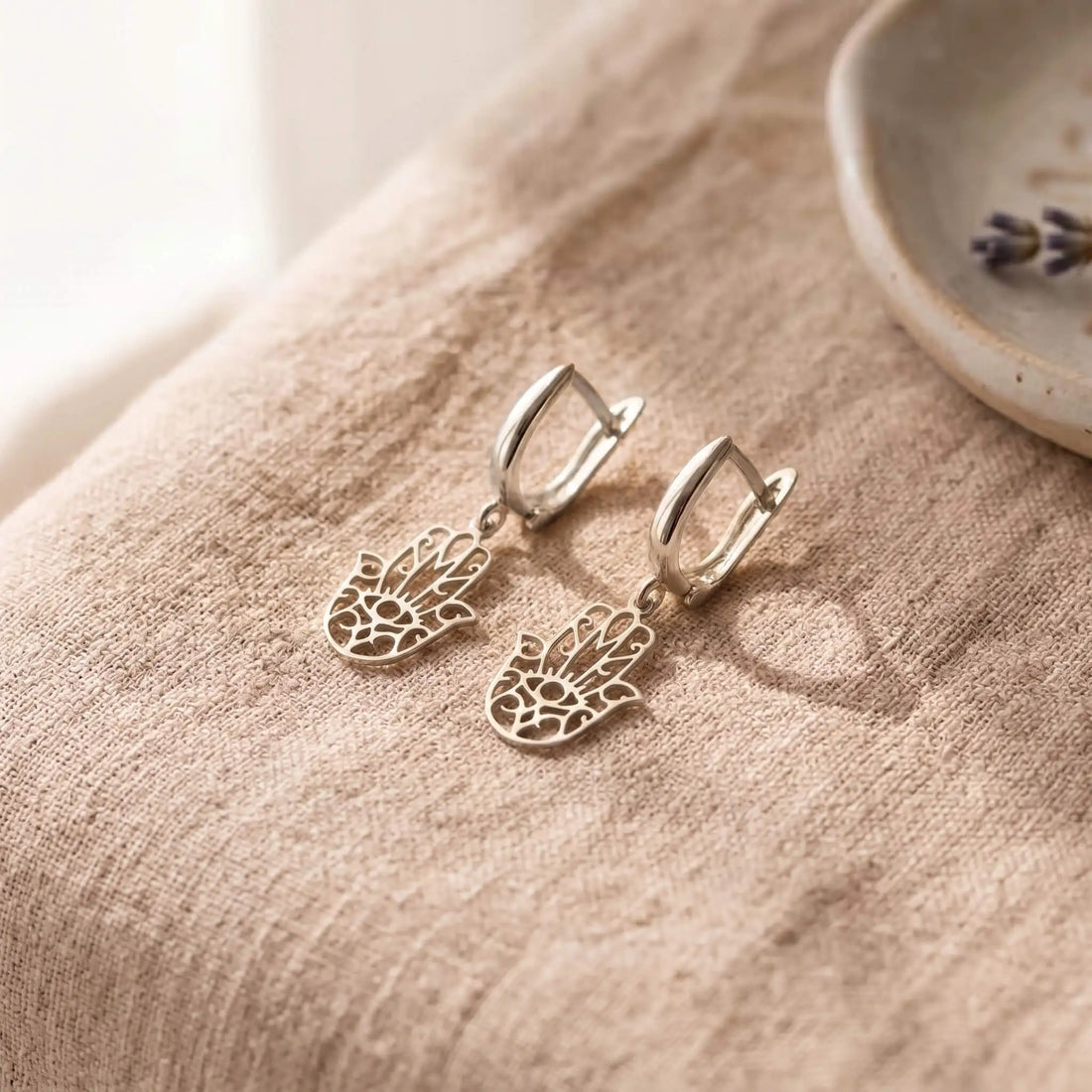 925 Ayar Gümüş Hamsa (Fatma Ana'nın Eli) Sallantılı Küpe LuvianaJewelry