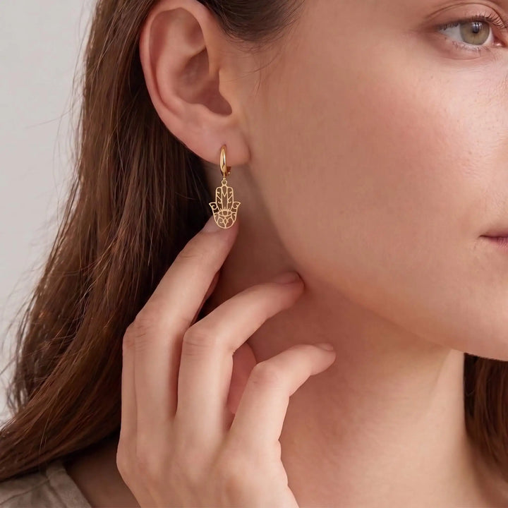 925 Ayar Gümüş Hamsa (Fatma Ana'nın Eli) Sallantılı Küpe LuvianaJewelry