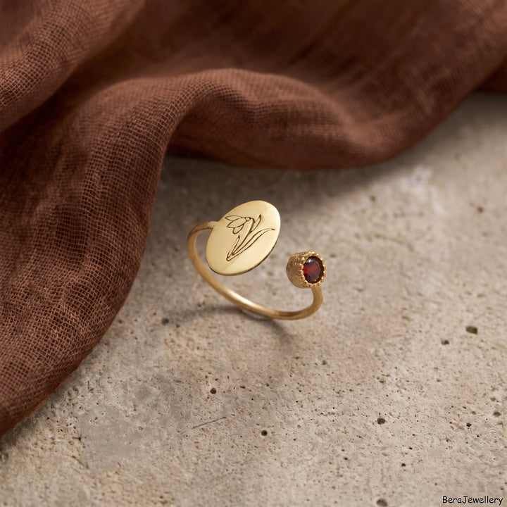 Kişiselleştirilmiş Doğum Çiçeği ve Doğum Taşlı 925 Ayar Gümüş Yüzük LuvianaJewelry