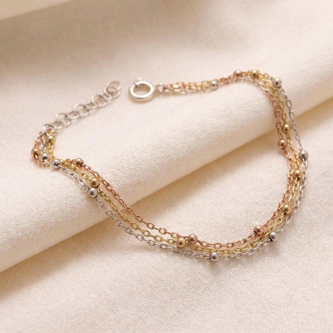 925 Ayar Gümüş Üçlü Toplu Zincir Bileklik - 14 Ayar Altın Kaplama, Rose ve Gümüş LuvianaJewelry
