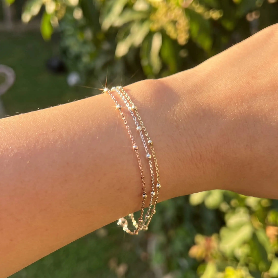 925 Ayar Gümüş Üçlü Toplu Zincir Bileklik - 14 Ayar Altın Kaplama, Rose ve Gümüş LuvianaJewelry