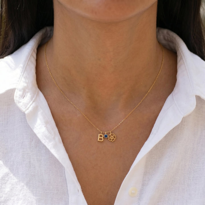 Kişiye Özel Doğum Çiçeği, Doğum Taşı ve Harfli Kolye LuvianaJewelry