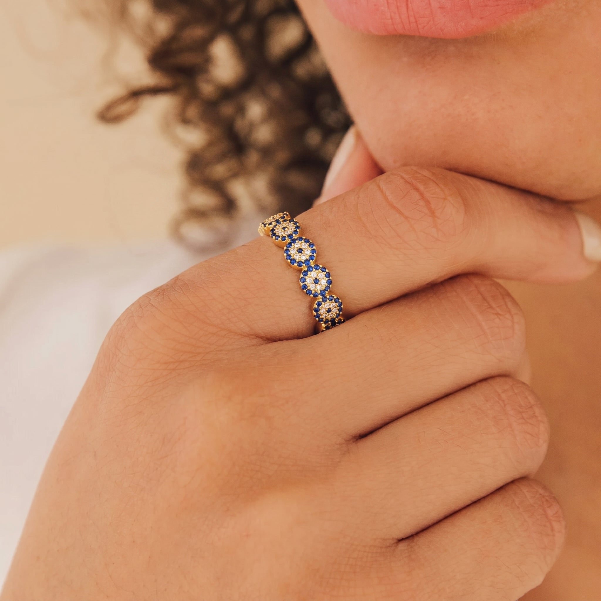 Sıralı Nazar Boncuklu Yüzük | 14 Ayar Altın Kaplama LuvianaJewelry