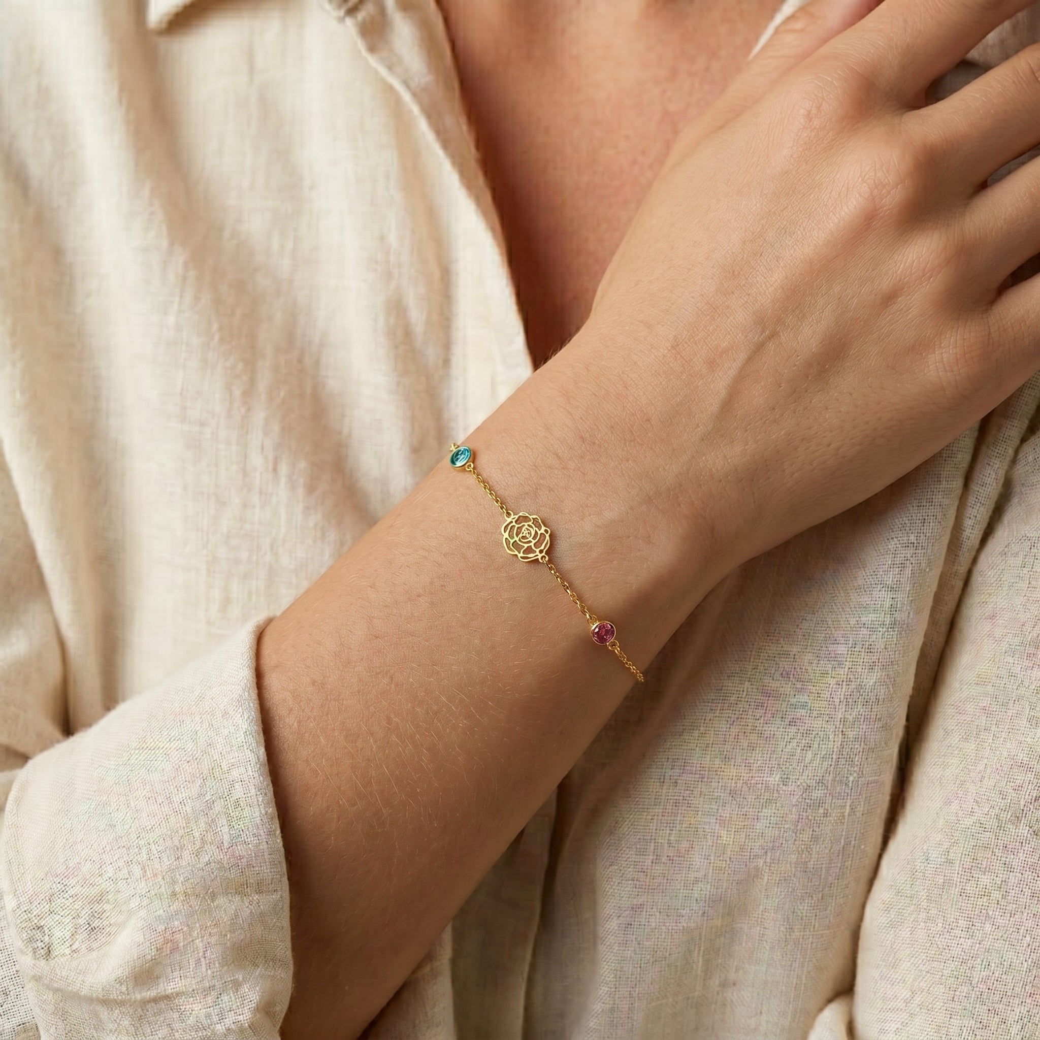 Kişiselleştirilebilir Doğum Çiçeği ve Doğum Taşı Bileklik LuvianaJewelry